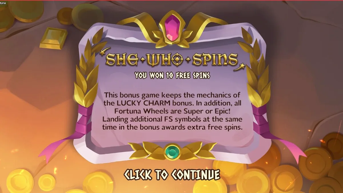 Tampilan visual slot Rise of Fortuna dengan dewi Fortuna dan roda keberuntungan