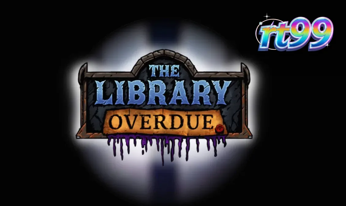 Tampilan visual slot The Library Overdue dengan tema perpustakaan gotik yang mencekam